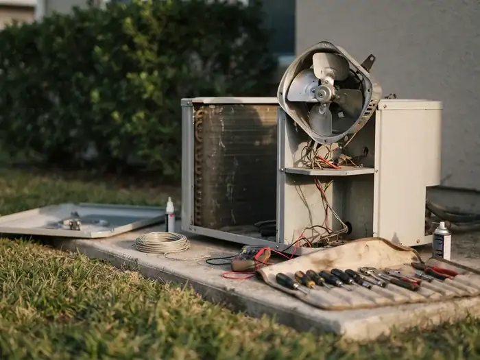 An outdoor unit with the top off and the fan motor lifted out, tools laid on the pad, no people