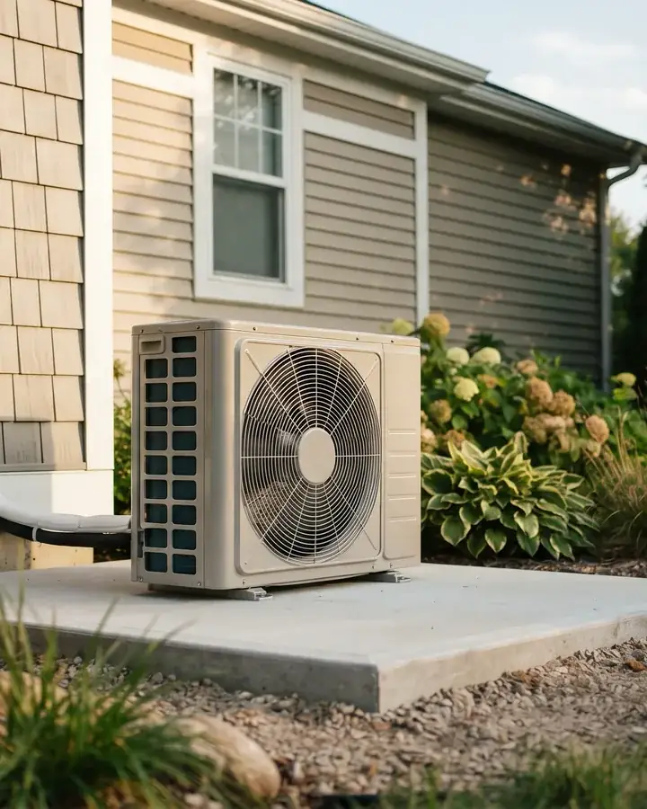 A new heat pump condenser on a level pad beside a house