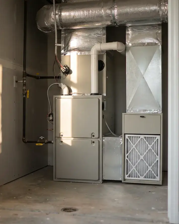 A new gas furnace installed in a utility closet with clean ductwork