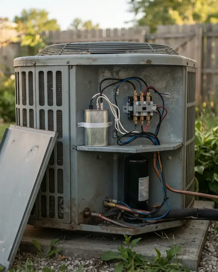 An outdoor unit with the panel open and new parts installed