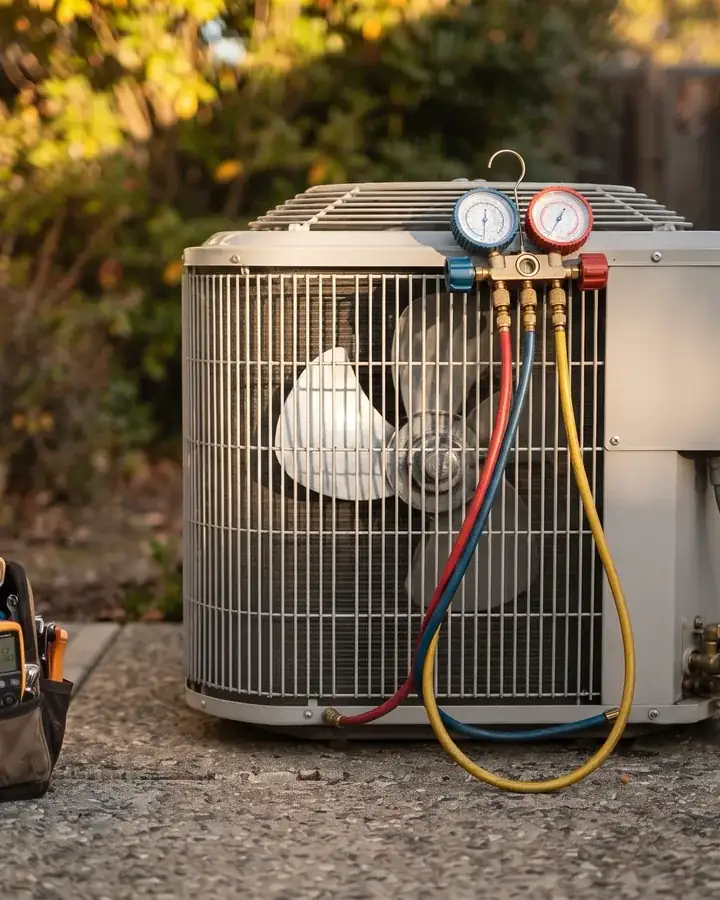 A technician's gauges on an outdoor unit during a tune up