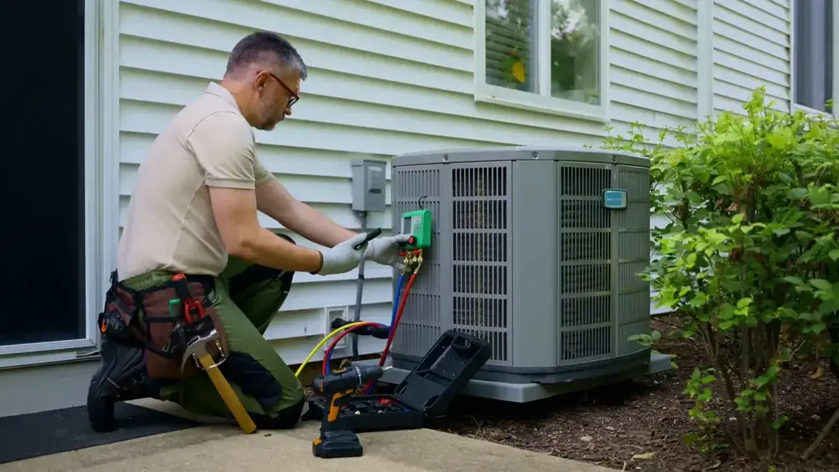 A new outdoor unit on a level pad beside a home in Columbia